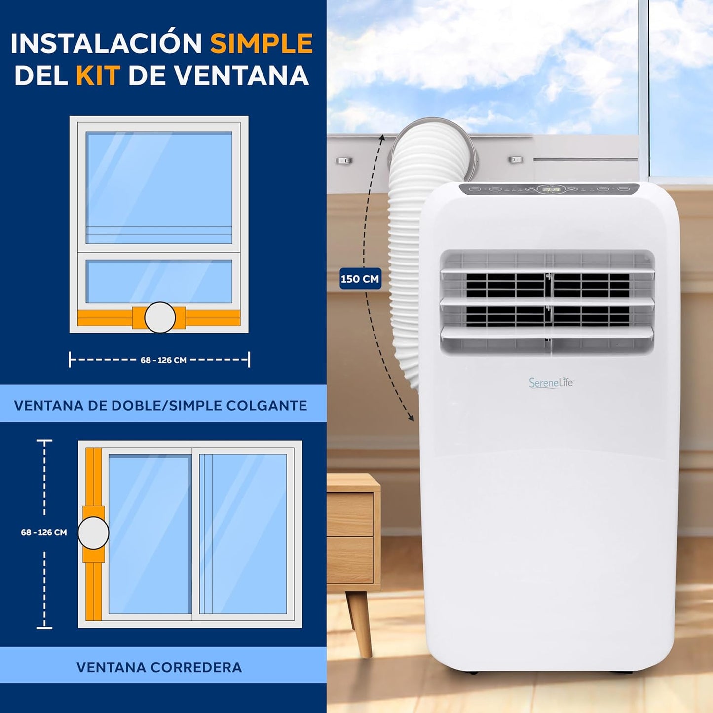 SereneLife Small Air Conditioner Portable 10,000 BTU with Built-in Dehumidifier - Portable AC unit for rooms up to 450 sq ft - Remote Control, Window Mount Exhaust Kit