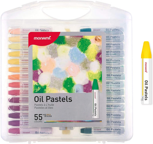 MONAMI Oil Pastels, Jumbo Size Hexagonal Shape for Kids and Students With Handy Carrying Case, 55 Vivid Colors +5 Extra (Total 60) Pack
