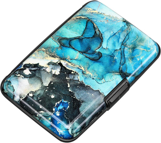 ELFISH RFID Blocking Credit Card Protector Aluminum ID Case Hard Shell Business Card Holders Metal Wallet for Men or Women (Graygreen Marble)