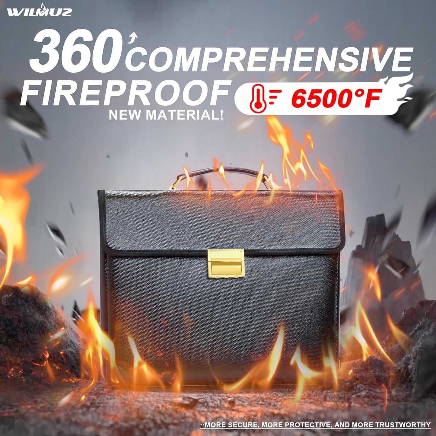 Upgraded Fully Fireproof Document Bag 6500°F,14.2x10x2.3 Fire Proof Bag for Documents with Lock,Small Fireproof Safe,Portable Home Office Travel Safe Storage for Laptop,Black