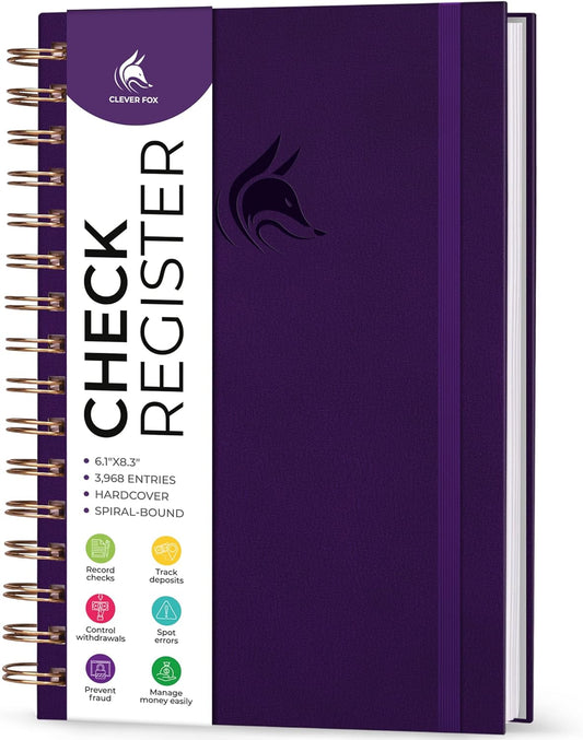 Clever Fox Check Register for Personal Checkbook – Checking Book Register – Checkbook Register – Accounting Ledger Book – 3968 Entry Lines, 6.1" x 8.3", Spiral Binding, Hardcover, Purple