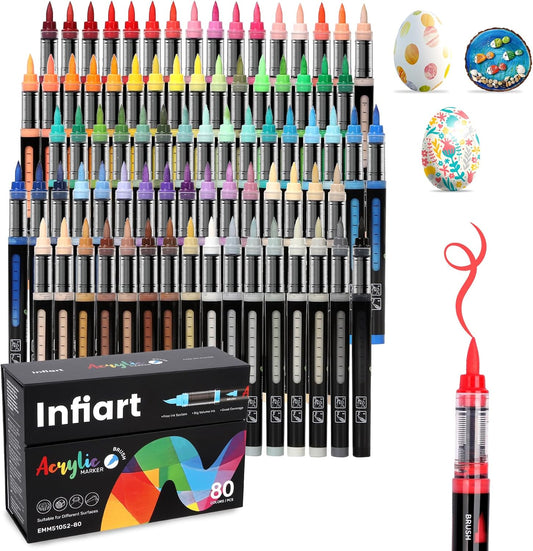 Automatic Ink Control Acrylic Paint Markers Brush Tip 80 Colors Acrylic Paint Pens Water-Based Acrylic Markers Set for Stone, Wood, Rock Painting, Canvas, Glass, DIY & Art Supplies