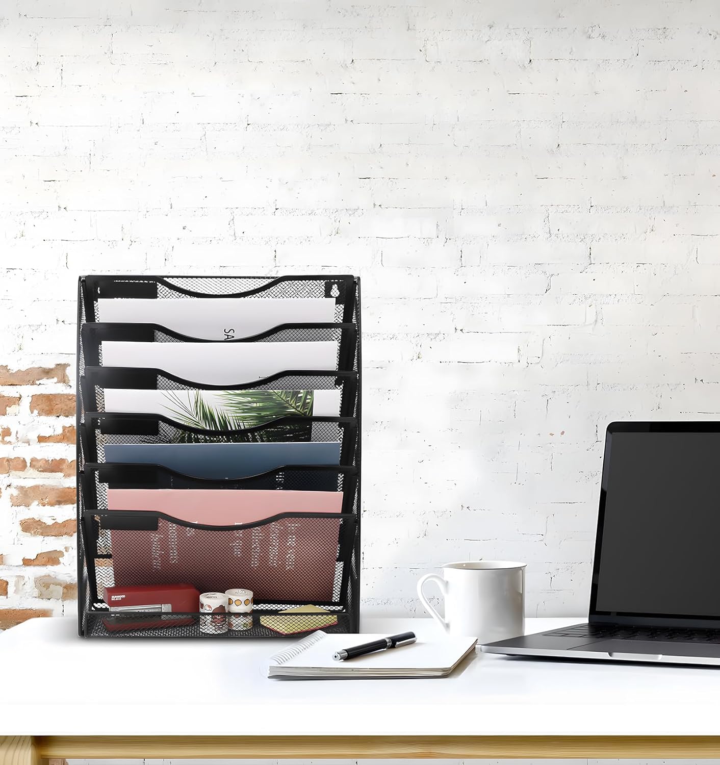 EasyPAG 7 Tier Wall File Holder with Flat Tray, Black | Easy Assemble Mesh Desk File Organizer | 6-Folder Paper Storage | Replaceable Classify Labels | Space Saving Mail Organizer for Office Home