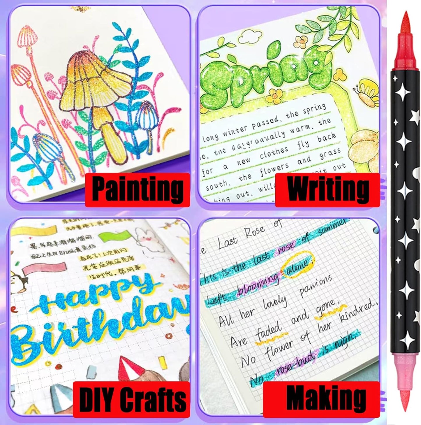 Glitter Markers Pens,48 Colors Dual Tip Brush Glitter Pens Set 24 Pack Sparkle Markers for Art Supplies Scrapbooking, Cards, DIY Crafts, Adults Coloring Books