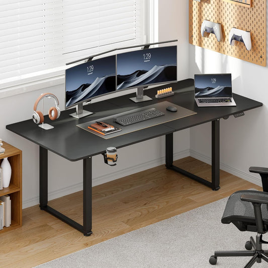 71x32 Inch Adjustable Standing Desk with 4 Legs, Stand-up Desk Features a Spacious Rectangular Top, Dual-Motor Lift, and Memory Presets (28-46Inch) for Home Offices or Computer Workstations, Black