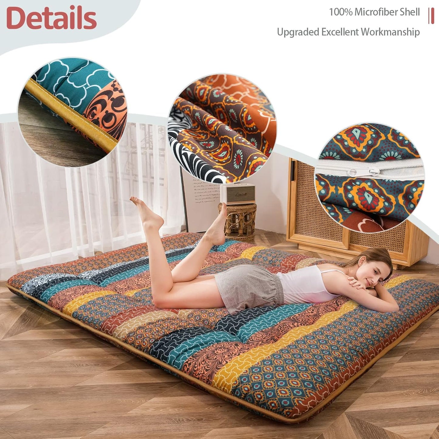 MAXYOYO Bohemian Vintage Floral Japanese Futon Mattress - Roll Up Tatami Floor Mat, Foldable Bed, Portable Camping Mattress, Sleeping Pad, Floor Lounger, Couch Bed - Queen Size