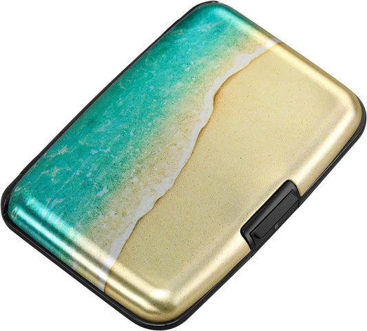 ELFISH Mini RFID Aluminum Wallet Credit Cards Holder Business Card Case Metal ID Case for Men Women（Beach