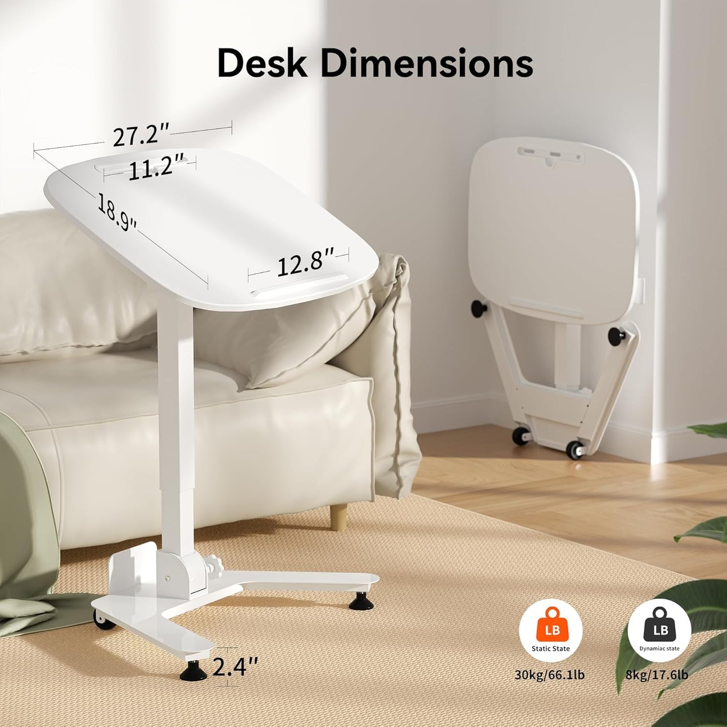Foldable Pneumatic Height Adjustable Mobile Standing Desk with 90° Tiltable Tabletop, 27.2x18.9 Inch Portable Laptop Desk with Wheels, Holds Up to 66.1lbs for Home Office, Study, White