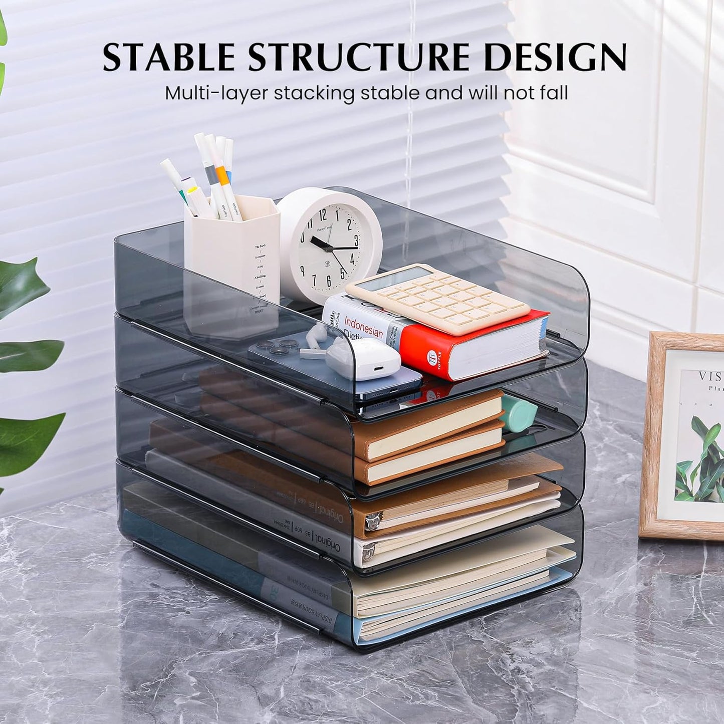 4 Pack Stackable Paper Tray, Clear File Organizer Letter Tray for Desk, Office Organizer and Storage for Desk Accessories, Notes, Books, File Paper, Document, Black