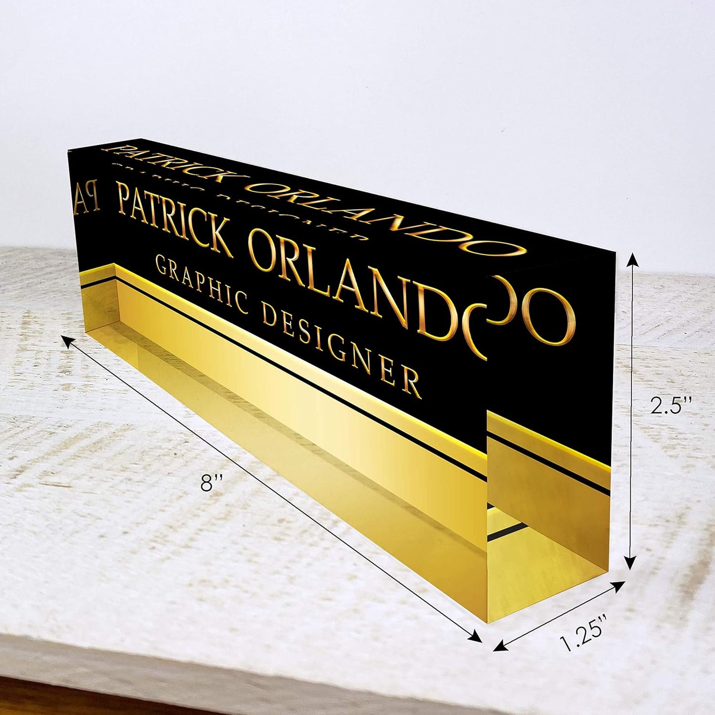Artblox Office Name Plate Personalized | Custom Name Plates for Desks on Acrylic Glass Decor | Office Desk Decor Nameplate | Accessories | Black Gold Stripe - (8"x2.5")