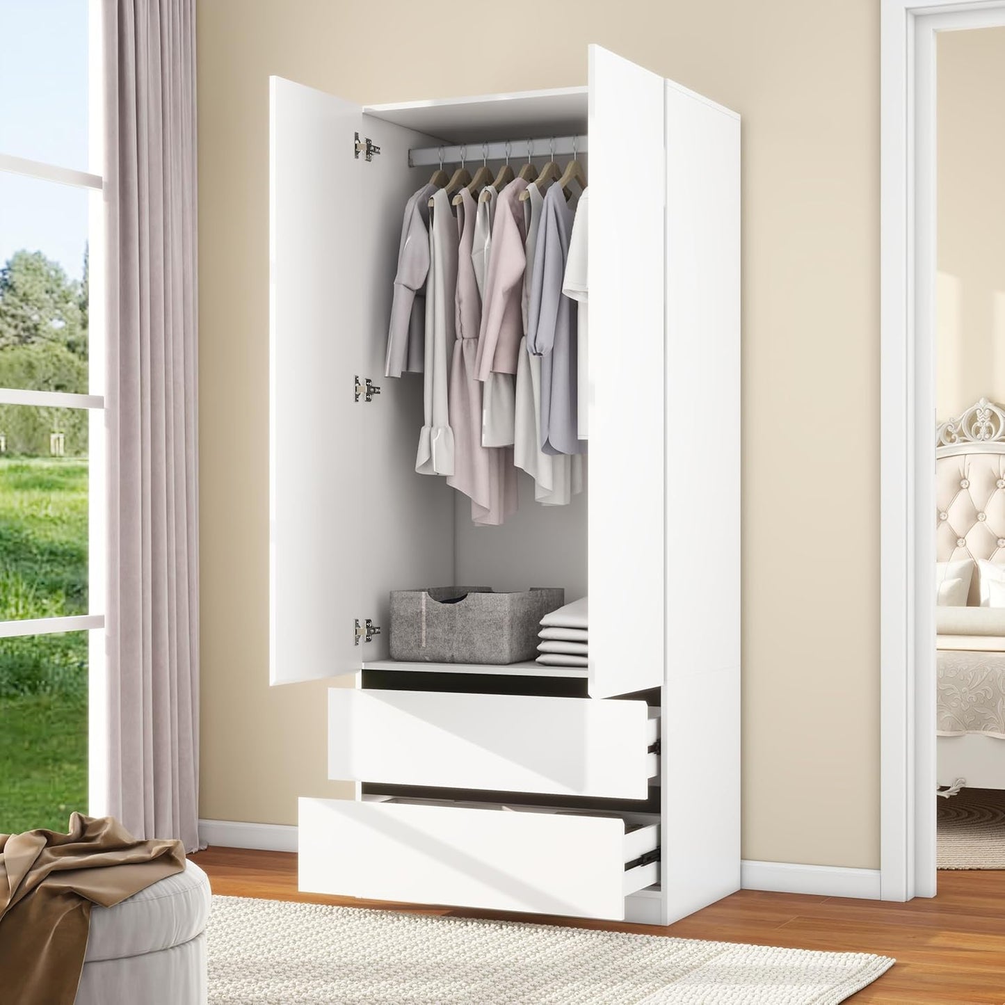 White Wardrobe Closet with Doors: 75" Large Capacity Bedroom Armoire, Wooden Cabinet with 2 Drawers, Hanging Storage Shelves with Hanging Rod (Contemporary, 1)