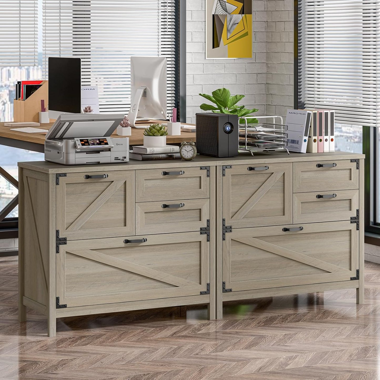 Wood Lateral File Cabinet with 4-Drawer for Hanging Files Letter/A4/Legal Size, Large Farmhouse Filing Cabinets for Home Office, Printer Stand with Office Cabinet, Office Furniture, Rustic Grey