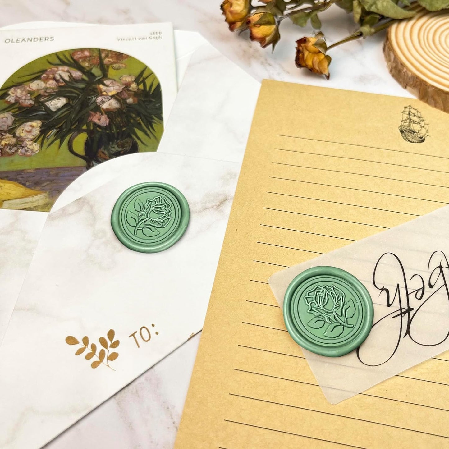 25Pcs Wax Seal Stickers Handmade Envelope Seals Self Adhesive Wax Stickers for Wedding Party Invitations, Envelope, Gift Wrap, Christmas(Rose Style, Olive Green)