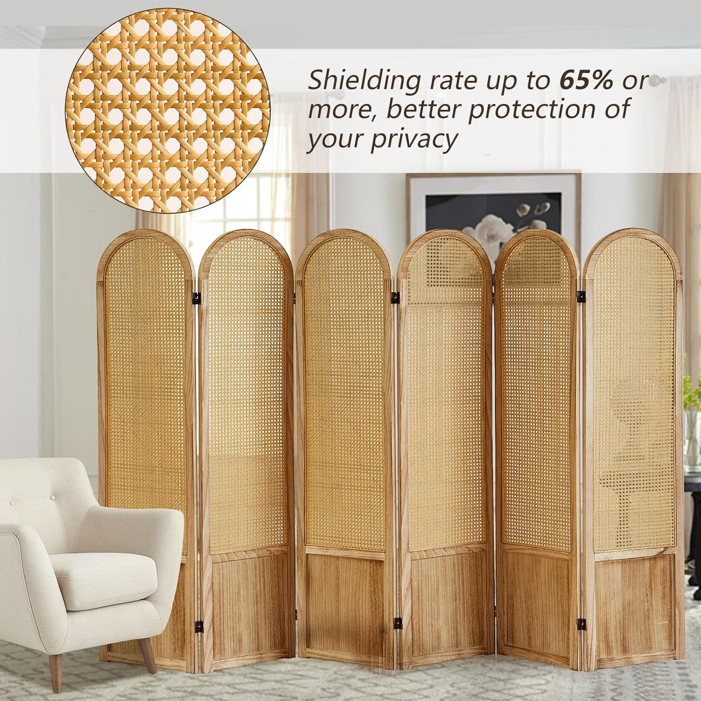 6 Panel Rattan Room Divier, Room Divider Panel and Folding Privacy Screens, Room Divider Wall, Solid Wood Frame, Partition Room Dividers, Bedroom, Lounge, Light Brown