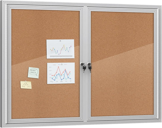 48"x34" Enclosed Bulletin Board, Outdoor Lockable Weather-Resistant Aluminum Cork Noticeboard for School & Office, Silver Frame w/Cork