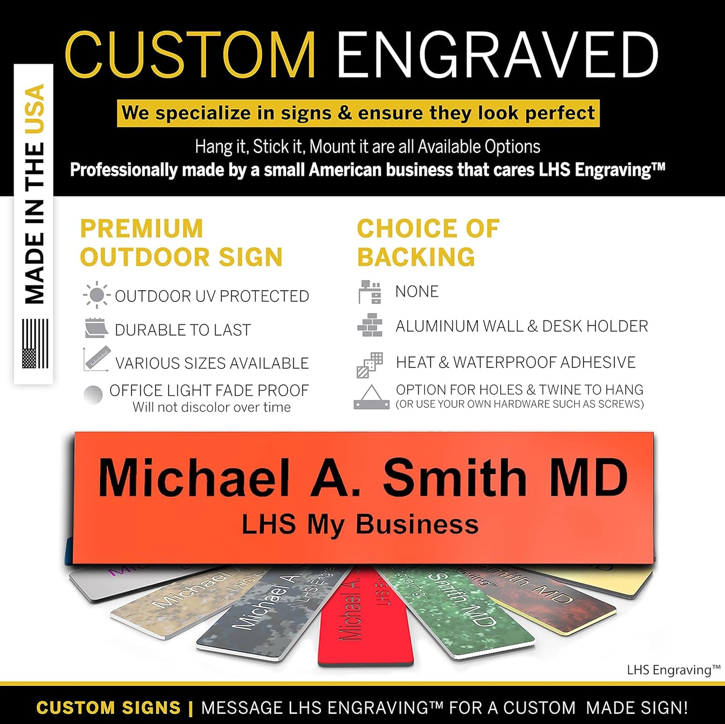 Engraved Door Signs for Office Personalized Orange Plastic Door Plaque Black Letters - Made in USA 2x10 B11