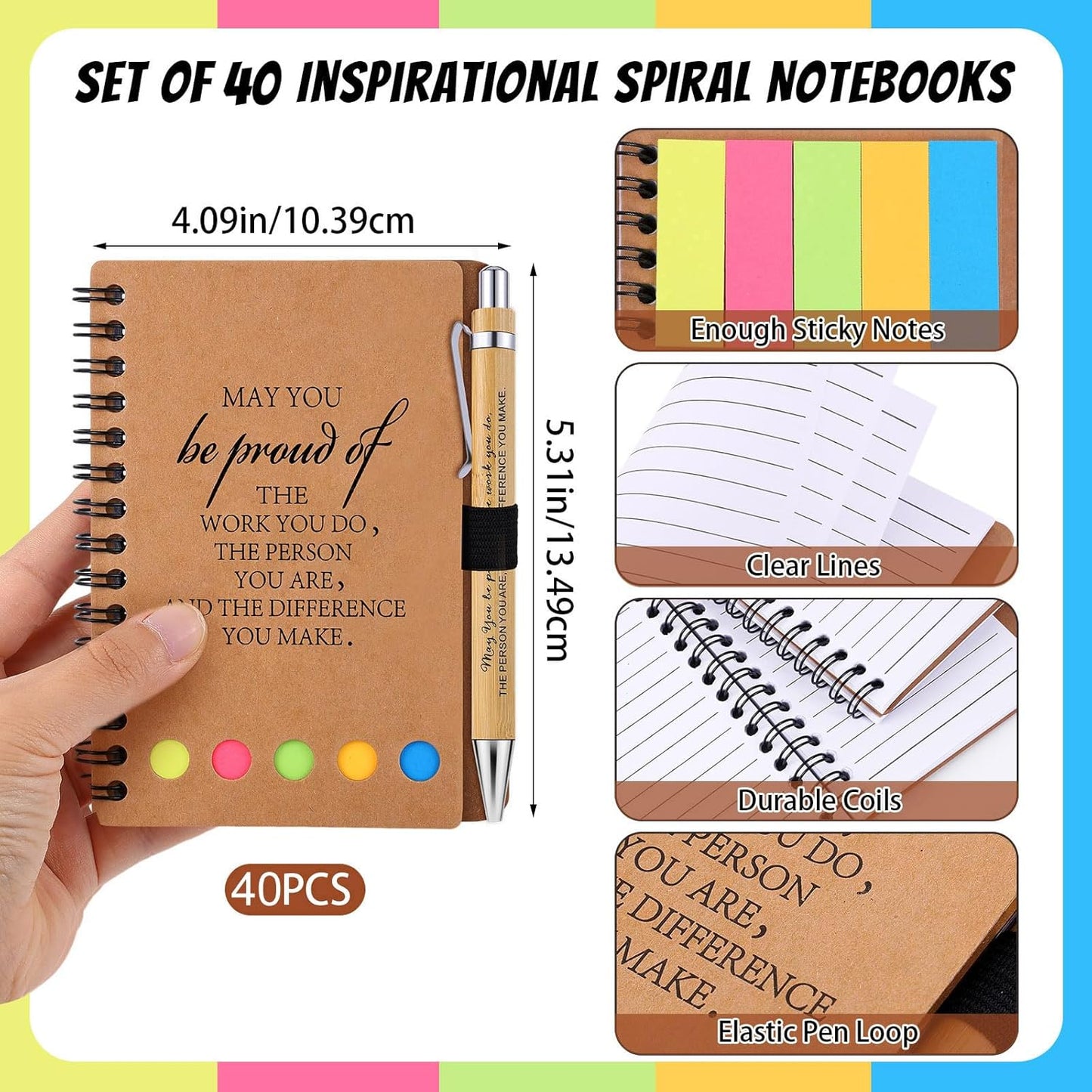 40 Sets Employee Appreciation Gifts Encouragement Inspirational Spiral Notebooks with Sticky Notes Notepads Thank You Bamboo Ballpoint Pens for Nurse Coworker Teacher (MAY YOU)