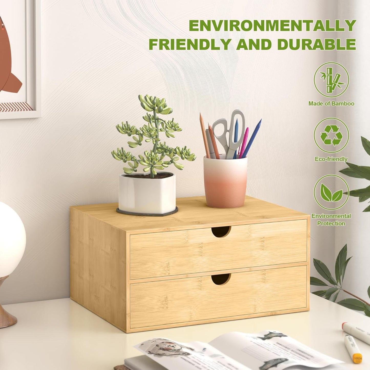 Bamboo Desk Drawer Organizer, Large Desktop Organizer with Drawers Tabletop Storage Organization Box for Office Home Toiletries Supplies Vanity, No Assembly Required (2 Drawer)