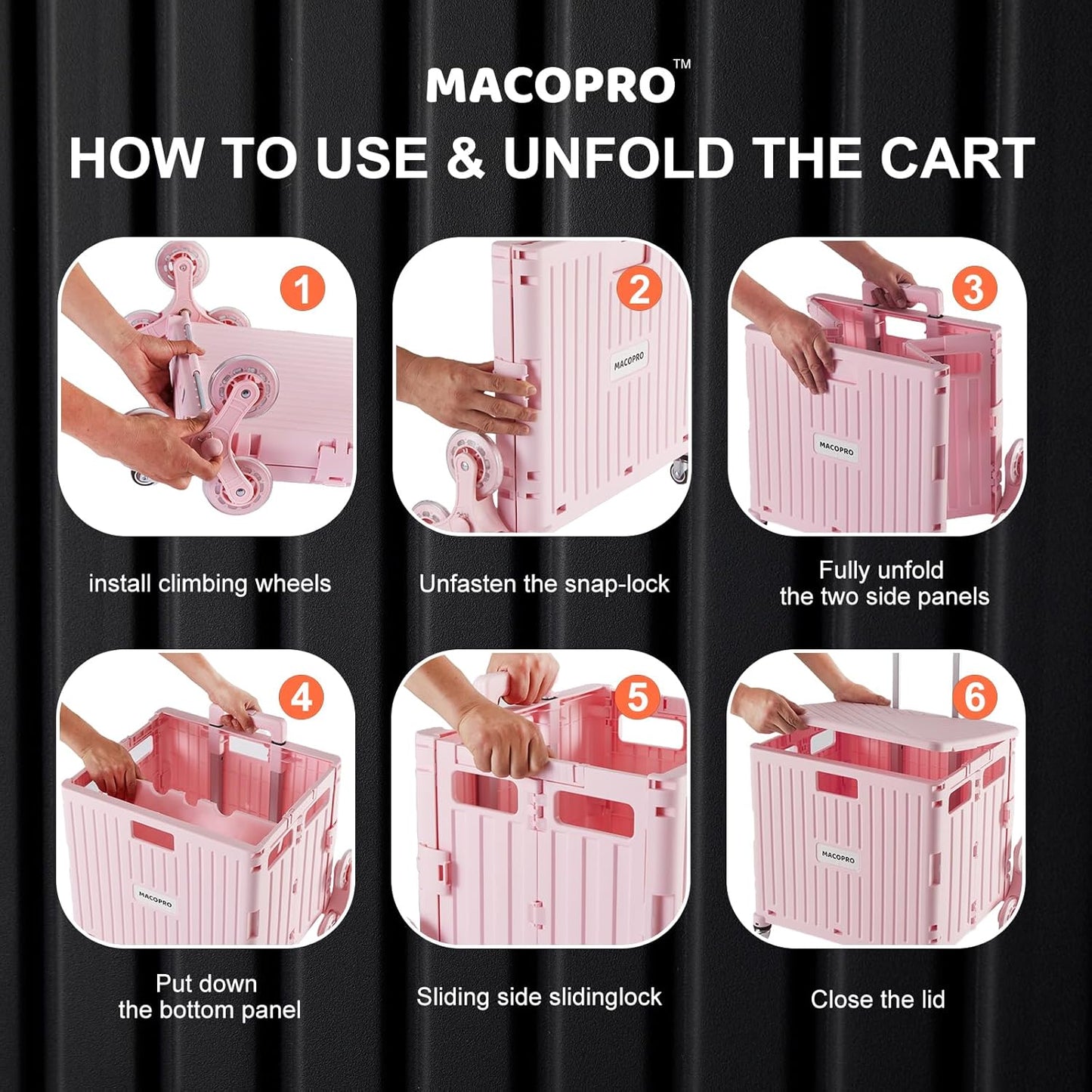 Foldable Utility Cart with Stair Climbing Wheels, Collapsible Rolling Crate with Telescoping Handle, Folding Shopping Trolley Handcart Grocery Book File Tool Teacher Storage Basket (Pink)