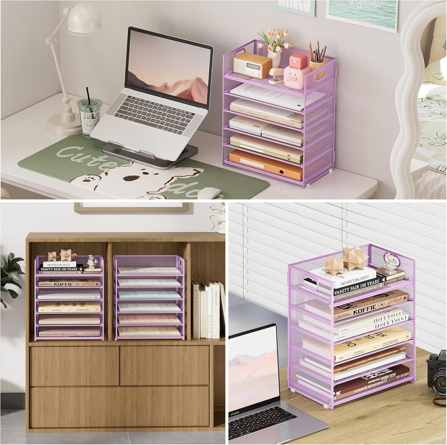 Subekyu 6-Tier Desk Paper Organizer, Desktop File Letter Tray with Handle, Document Sorter and Accessories Holder for Office, Home and School Workspace Organizers, Purple-2 Pack