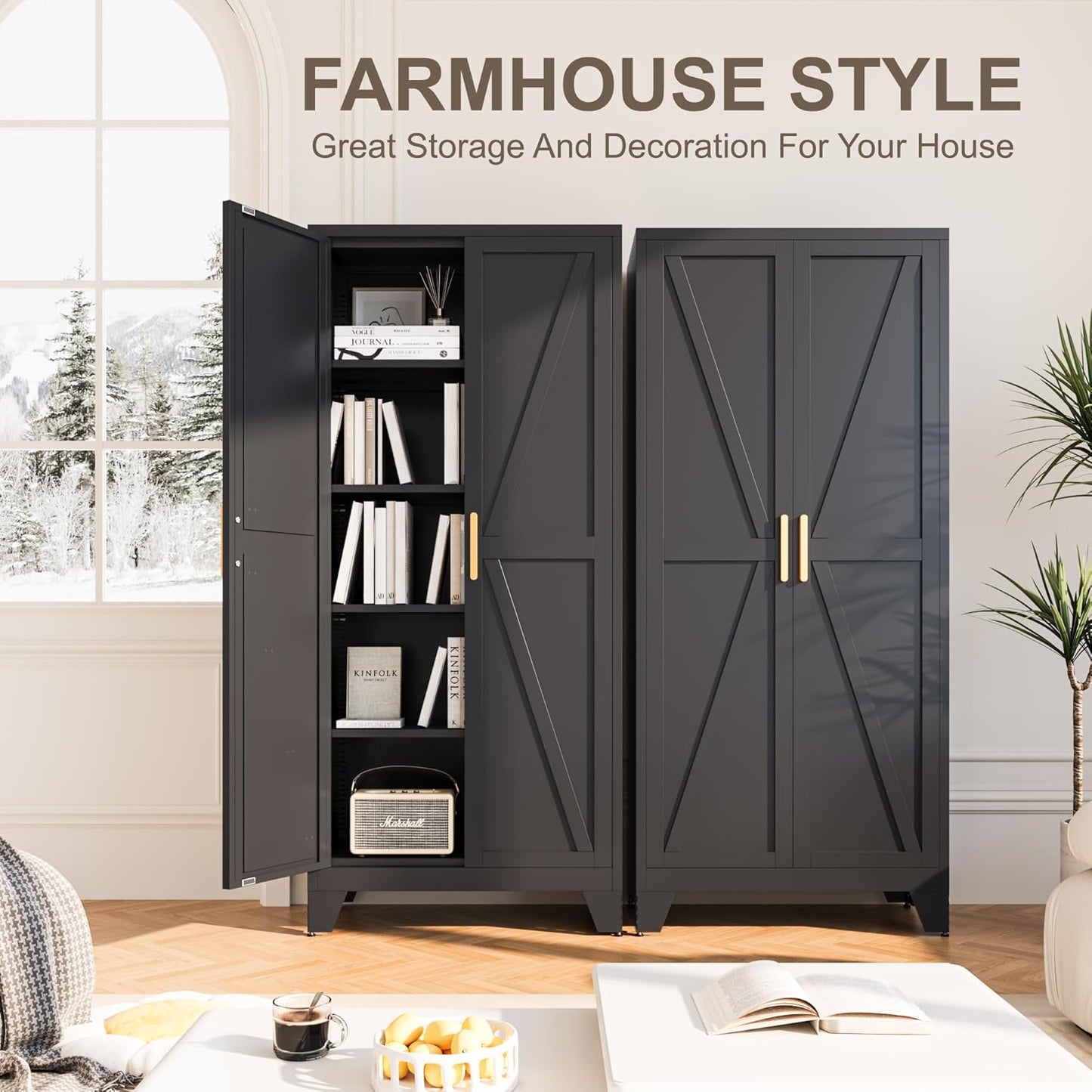 71H Tall Metal Storage Cabinet with 2 Doors and 5 Shelves,Farmhouse Storage Cabinet with Barn Doors,Pantry Storage for Home,Office,Bathroom,Dining Room,Kitchen(Black)