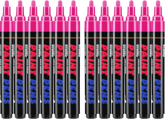 Pink Paint Pens Paint Markers - 12 Pack Permanent Quick Dry Waterproof Marker Pens for Rocks Wood Fabric Plastic Canvas Glass Mugs Metal Tire Stone