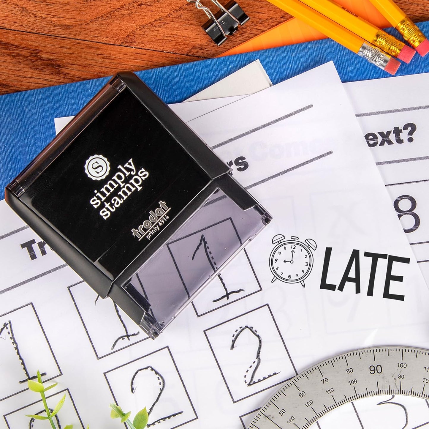 Custom Self-Inking Stamps | 49 Fun Phrases | Grading Made Easy | Classroom & Library Book Stamps (Late, Xtra Large)