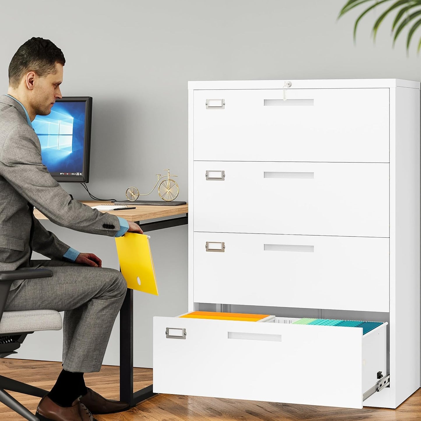 SISESOL 4 Drawer Lateral File Cabinet with Lock,White Lateral Filing Cabinet,Horizontal Metal Filing Cabinets,Locked Wide Four Drawer File Cabinets for Office Home,Fit A4/F4/Letter/Legal File