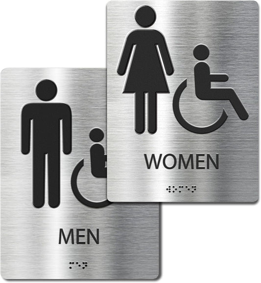 ADA-Mark Modern Restroom Sign for Business - 2PK ADA Compliant Braille Bathroom Sign with Easy Installation - 6" W x 8" H