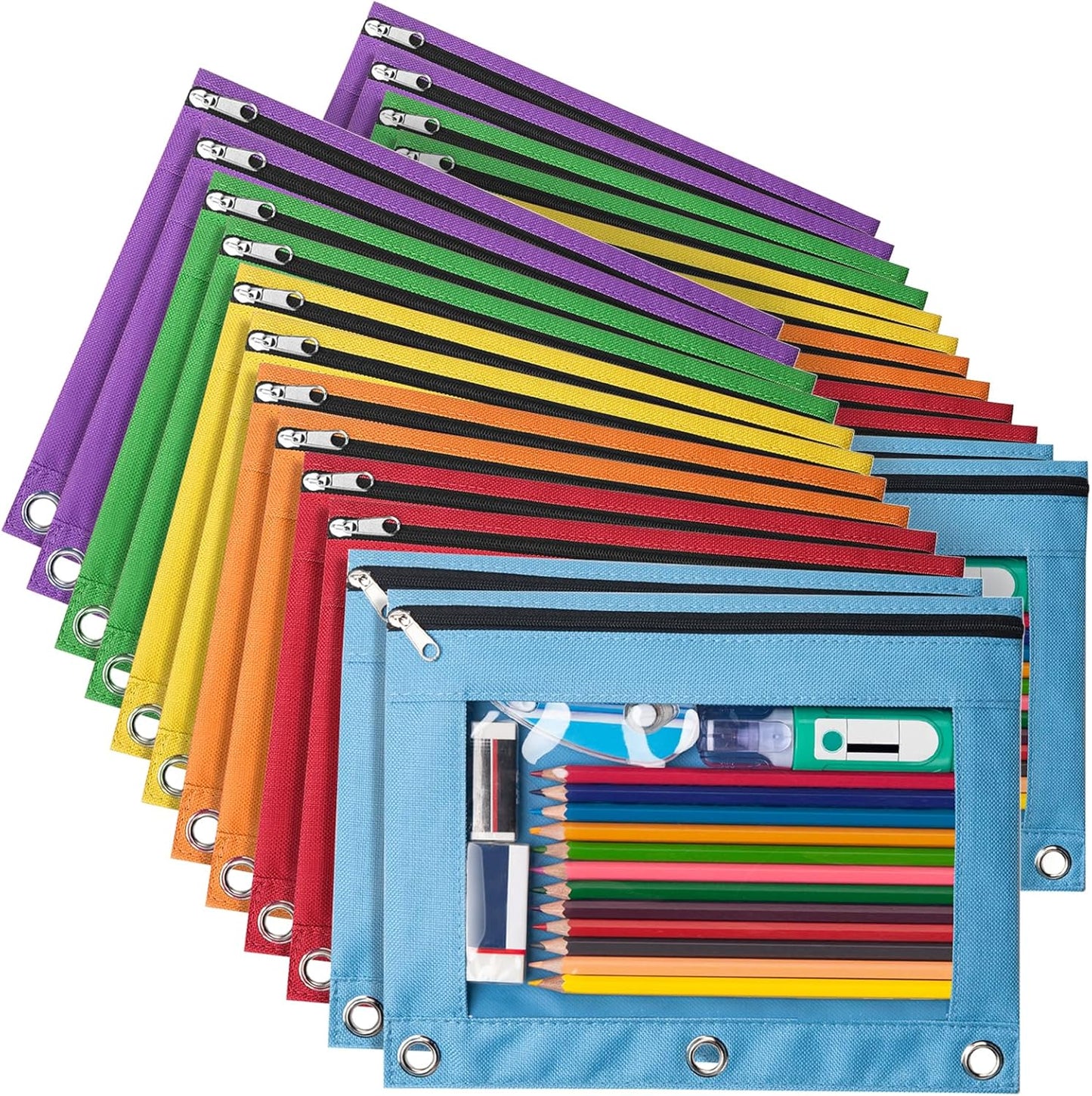 Forvencer 24 Pack Pencil Pouches for 3 Ring Binder, Smooth Zipper 3 Ring Binder Pencil Pouch, Multi-Color Pencil Case for Binder, Clear Top Binder Pencil Pouch, Pencil Bag with 3 Re-enforced Grommets