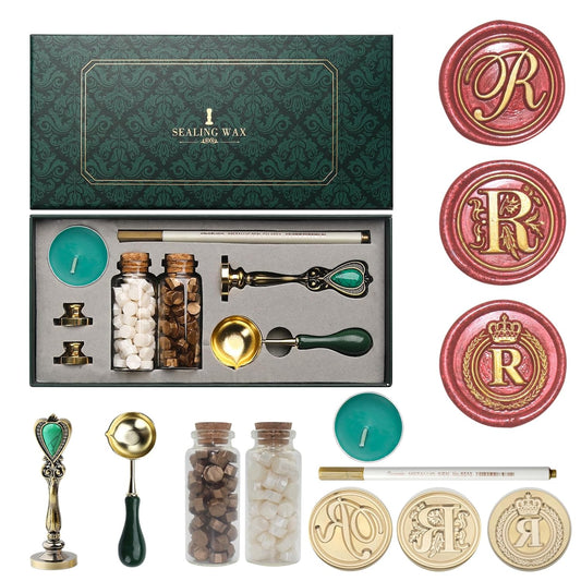 Letter Wax Seal Stamp Kit, Andotopee Wax Seal Kit Initial Alphabet R Sealing Wax Stamp Head 3pcs, Vintage Wax Stamp Seal Kit with Wax Seal Beads, Wax Seal Warmer Tools, Wax Seal Pen, Gift Box Set