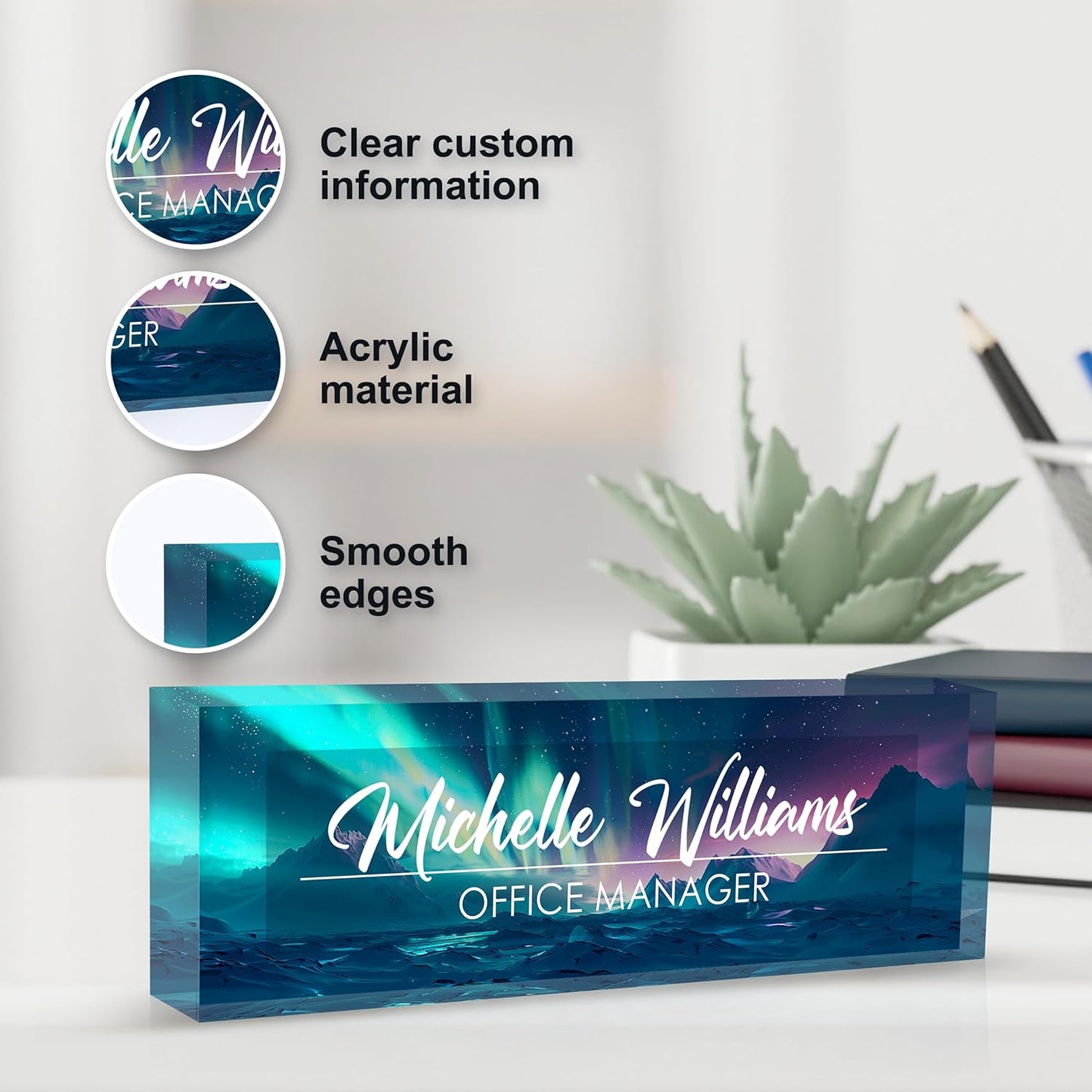 Personalized Name Plate for Desk, Custom Desk Name Plate, Acrylic Name Plate Office Desk Accessories, Personalized Office Gifts for Coworkers Teachers, Employee Appreciation Gifts (Blue Aurora)