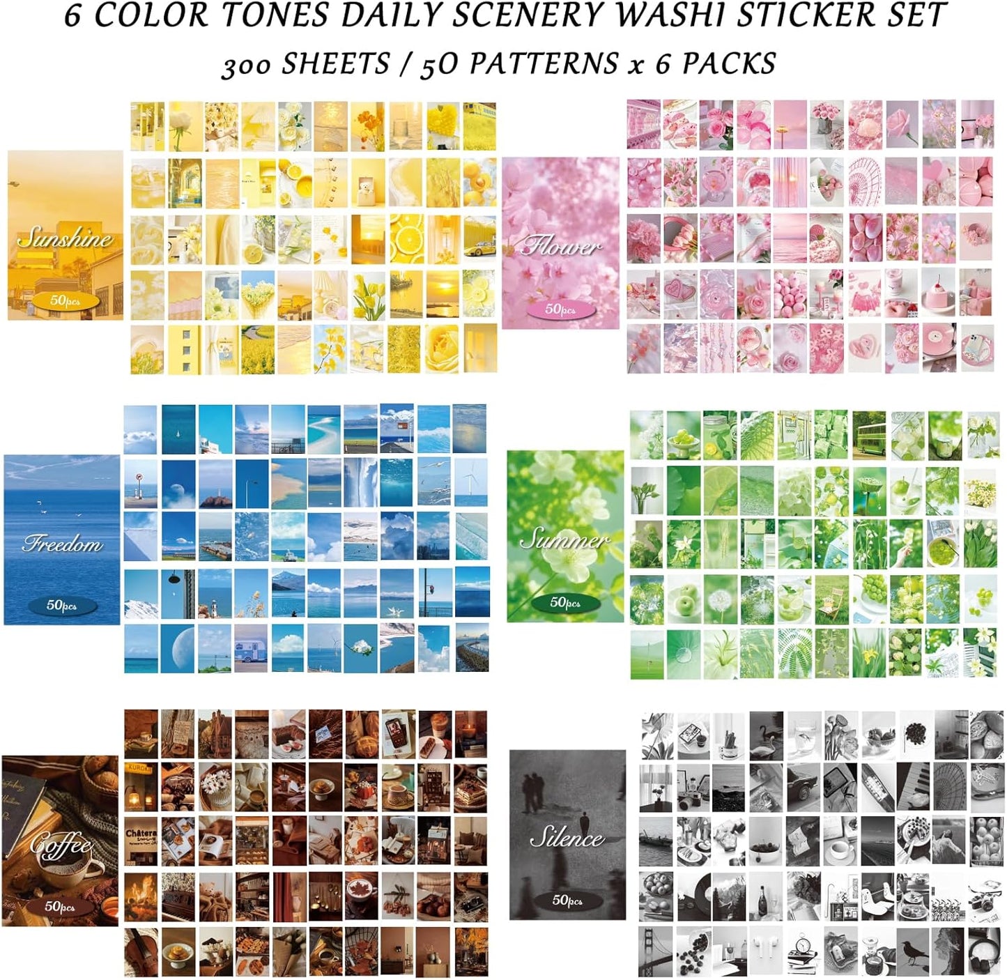 Washi Stickers, 6 Sets 300 Pcs Aesthetic Sticker Book for DIY Journaling, Journaling Supplies for Bullet Journal Art Diary Card Craft Gifts Planner Notebook