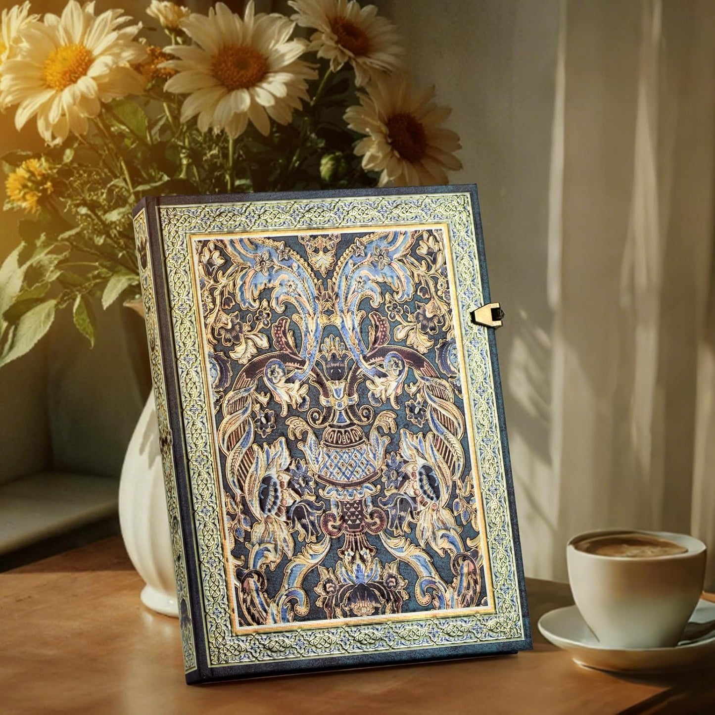 3D Hot Stamp Nocturne Blue Hardcover Journal - 192 Blank Lined Pages w/Envelope Pocket - Deep Blue & Gold Totem Design for Students, Travel Diary & Anniversary