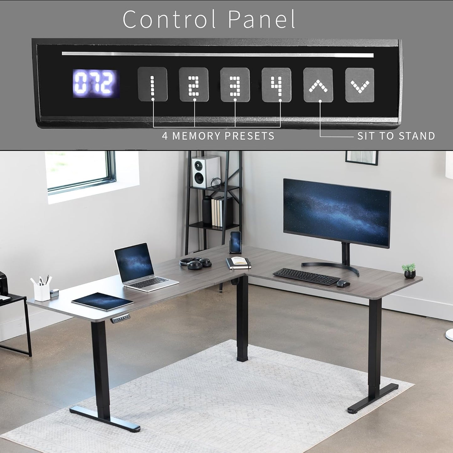 VIVO Electric Corner L-Shaped 75 x 63 in Standing Desk, Memory Height Adjustment, Dark Gray Top Black Frame, DESK-E3CTG-75