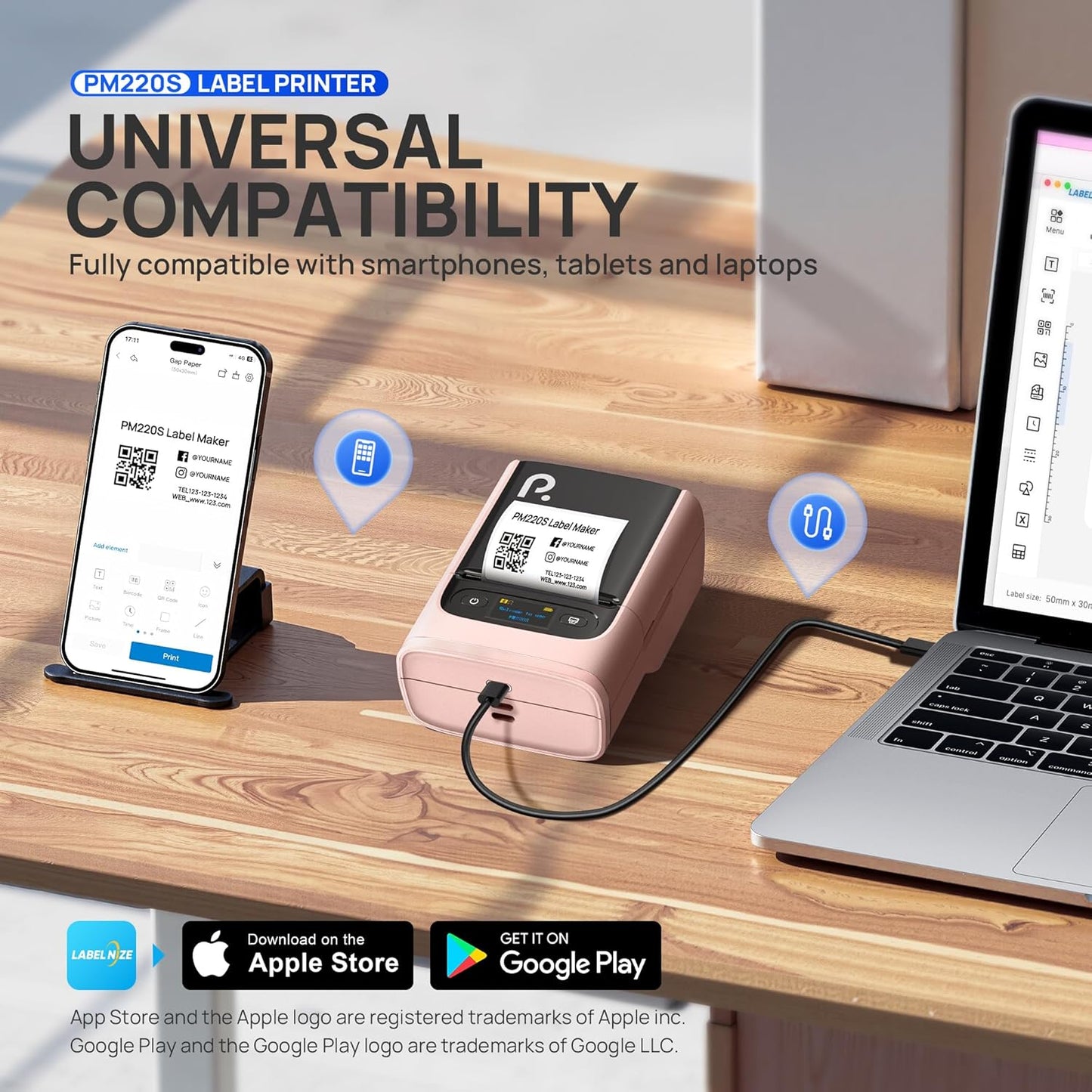 POLONO PM220S Label Maker Machine with Tape, 2 Inch Bluetooth Thermal Label Printer, Portable Sticker Printer for School, Office, Home, Business, Label Maker with 2'' x1.18'' Labels, Pink