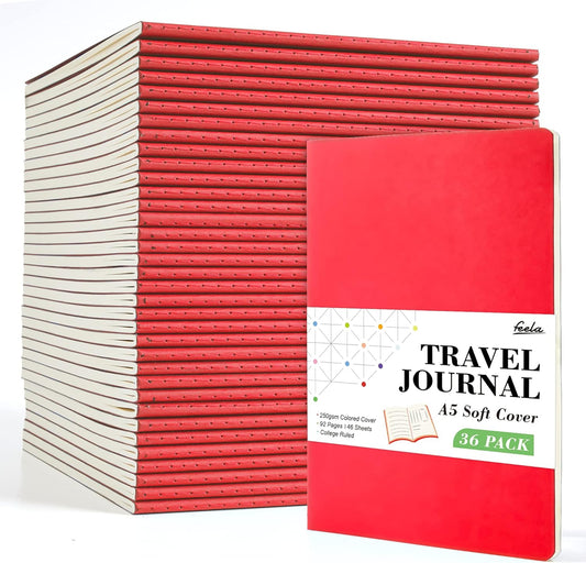 feela 36 Pack Soft Cover Journal Bulk, Lined Blank Travel Journal for Women Men Writing, Notebooks College Ruled for Work, Note Taking Notebook School Business Supplies, 8.2” x 5.5”, A5, Red