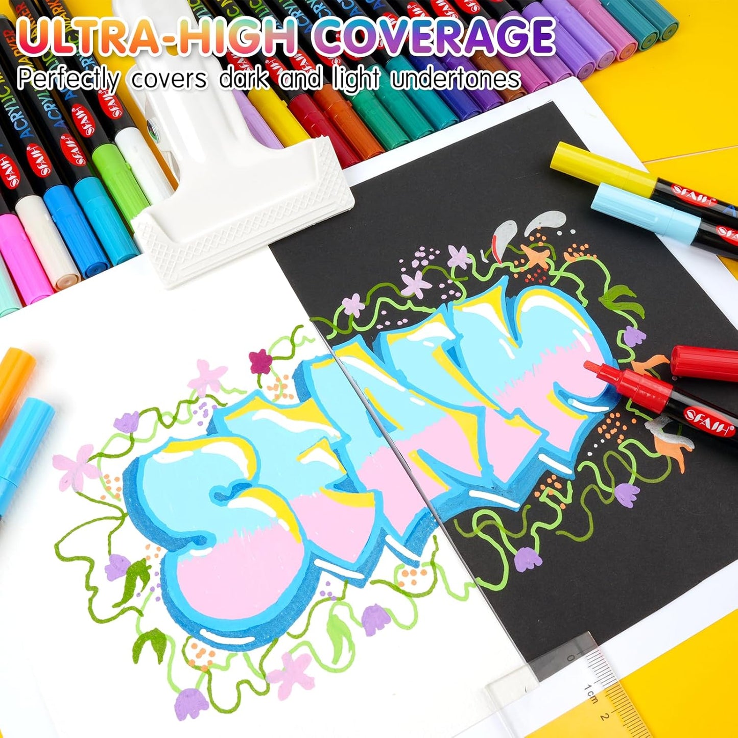 SFAIH 36 Vibrant Acrylic Paint Markers - [Ultra High Coverage]1-2mm Fine Tip Pen for Any Surface, Halloween Decorations, Pumpkin Painting, Paper Rock Fabric Wood, Non-Bleeding Permanent Ink, Non-Toxic