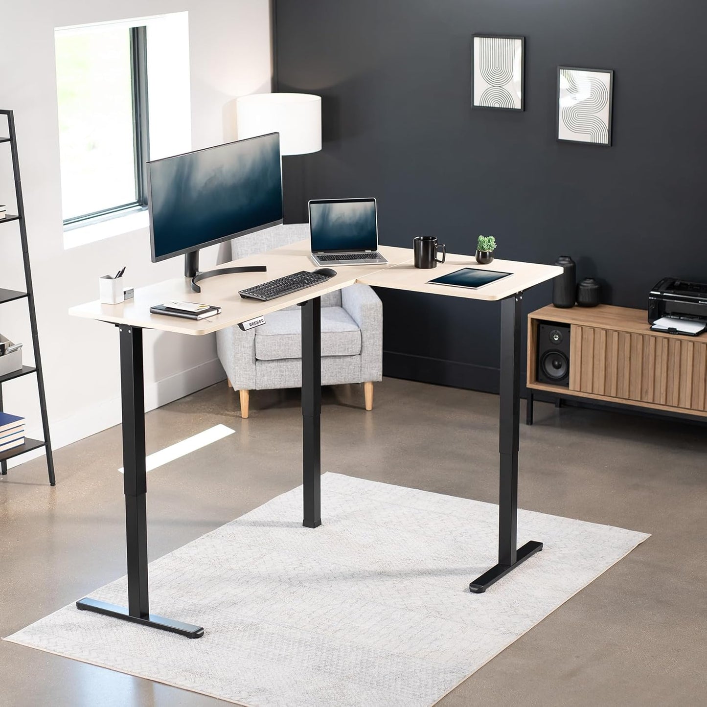 VIVO Electric Corner L-Shaped 63 x 47 in Standing Desk, Memory Height Adjustment, Light Wood Top Black Frame, DESK-E3CTC-47