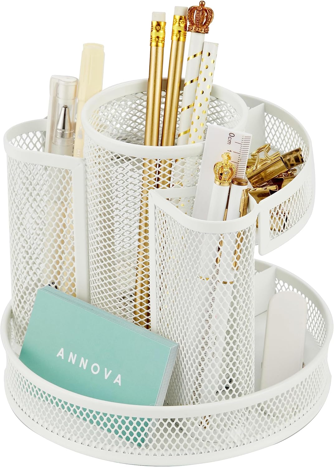 Annova Mesh Desk Organizer Rotate with 6 Compartments Round Spinning Tidy Candy/Pen Holder Desk Accessories Office, Art Supply, Storage, Classroom, Home (White)