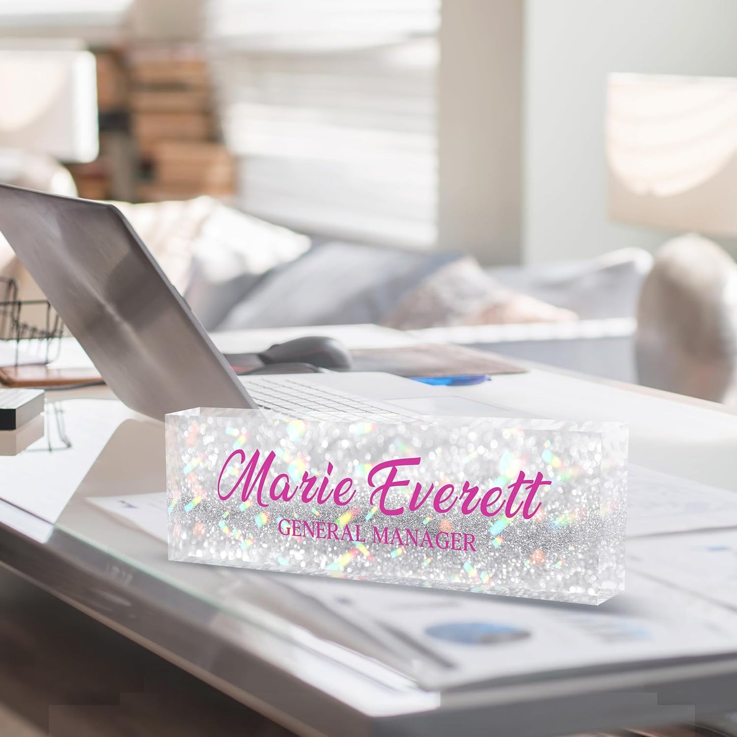Custom Name Plate for Desk | Personalized Desk Name Plate | Personalized Boss Employee Appreciation Gifts | Acrylic Name Plate Office Desk Accessories (A-Silver Colored Crystal)