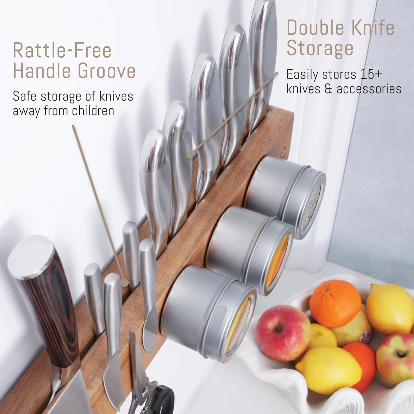 Premium 16 inch Magnetic Knife Holder for Wall with 2x Storage & Charming Wood - Knife Magnetic Strip, Under Cabinet Magnet Knives Storage - Magnet Strip Rack Kitchen Utensil Holder Organizer Tool