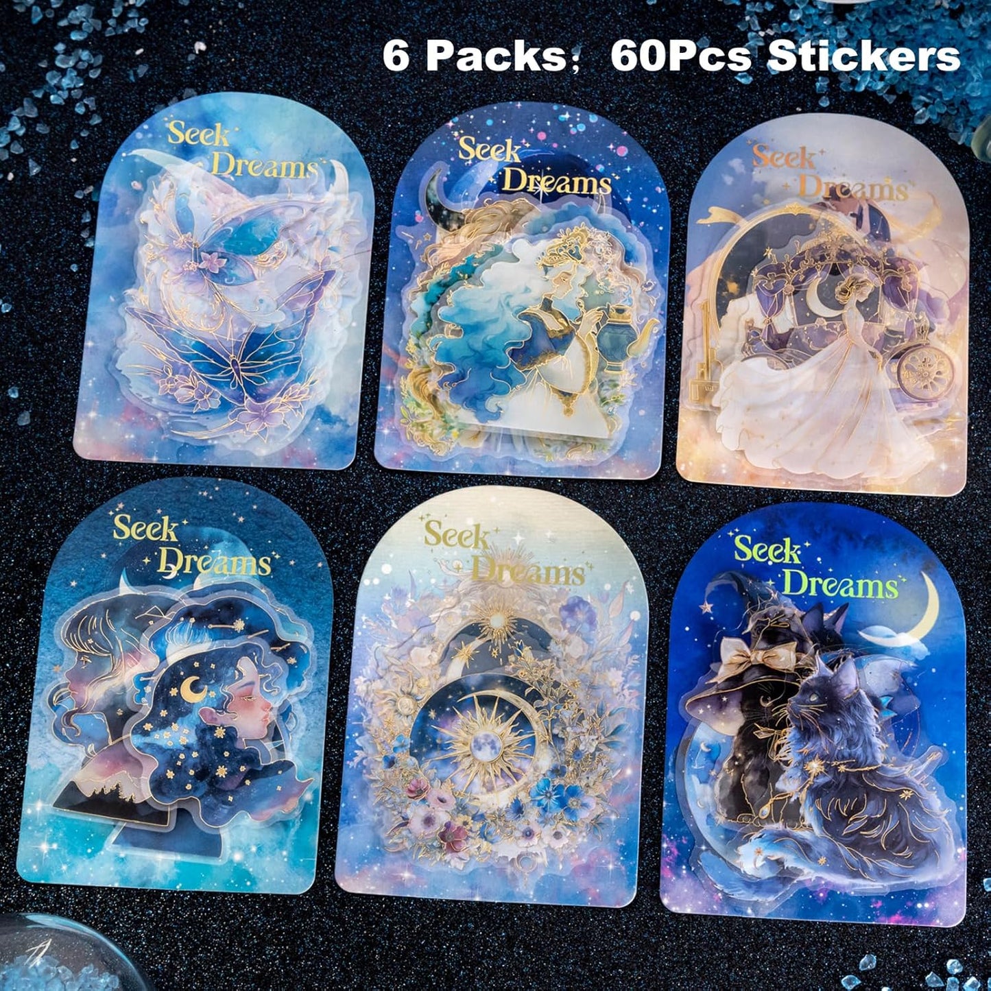 Fantasy Celestial PET Sticker Set, 60PCS Gold Foil Scrapbook Stickers for Journaling, Planners, DIY Crafts, and Art Supplies