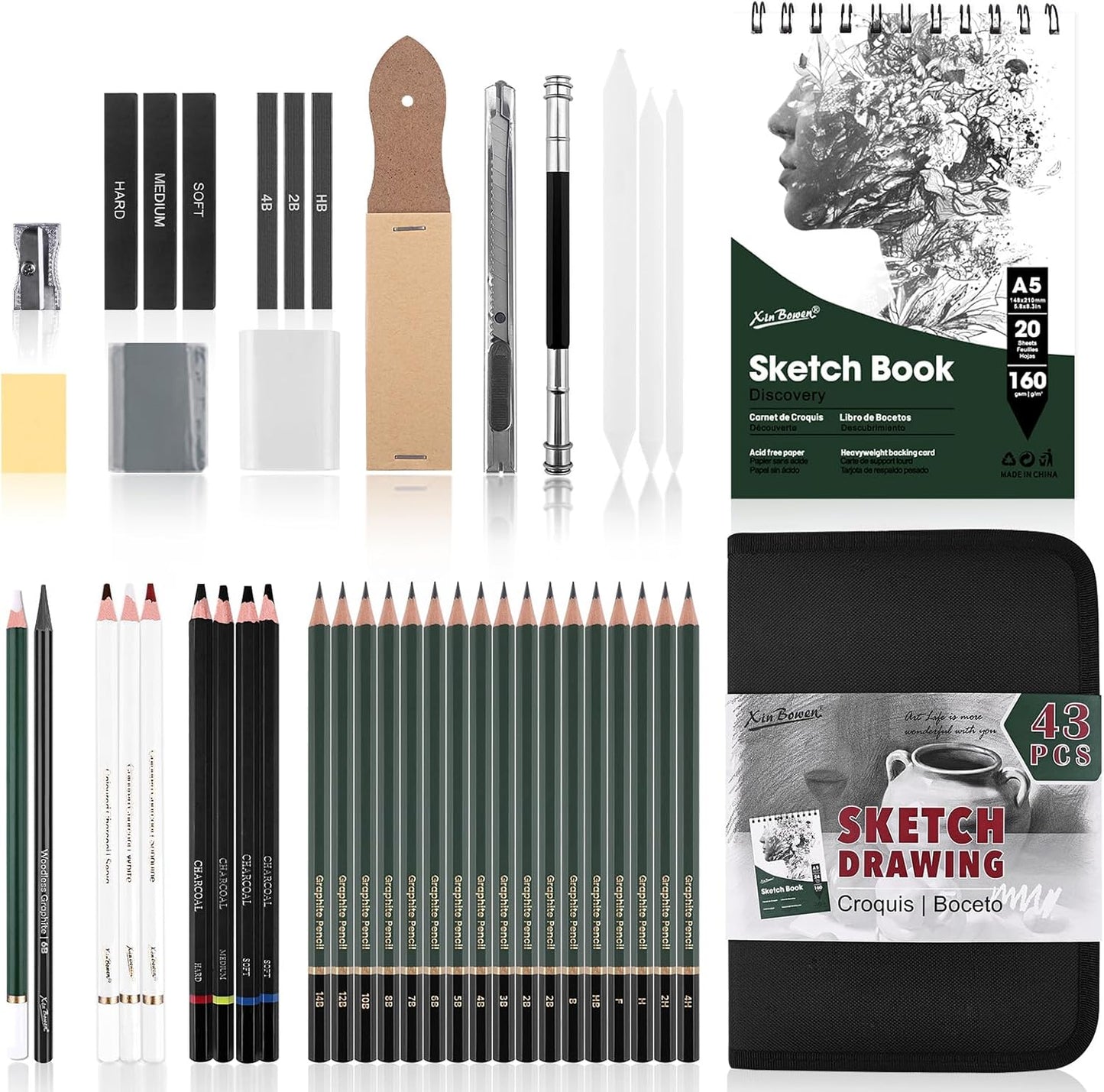 43 Pack Sketch Pencils for Drawing Charcoal Pencil Sketching Set with Sketchbook, Pencils, Charcoal, Graphite and More for Artists, Professionals or Beginners