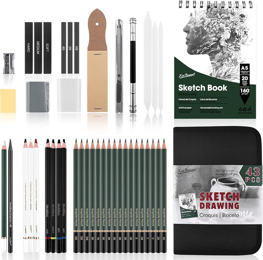 43 Pack Sketch Pencils for Drawing Charcoal Pencil Sketching Set with Sketchbook, Pencils, Charcoal, Graphite and More for Artists, Professionals or Beginners