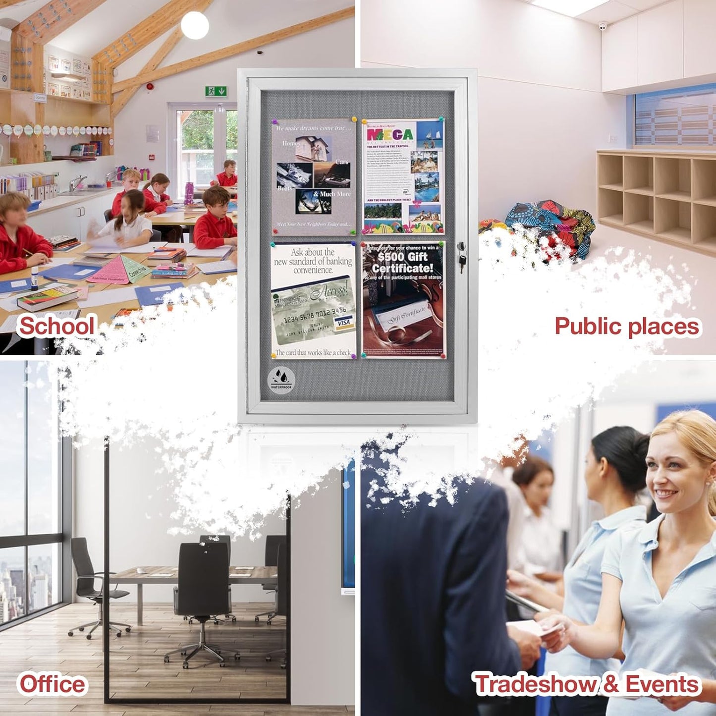 Outdoor Weatherproof Enclosed Fabric Bulletin Board,Noticeboard Case with Lockable Glass Door,Silver Aluminum Frame, 36x24 Inch (5xA4)