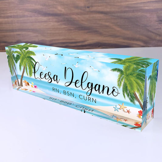 Artblox Office Desk Name Plate Personalized | Custom Name Plates for Desks | Sea Beach Design On Clear Acrylic Glass | Office Desk Decor - (8" x 2.5")