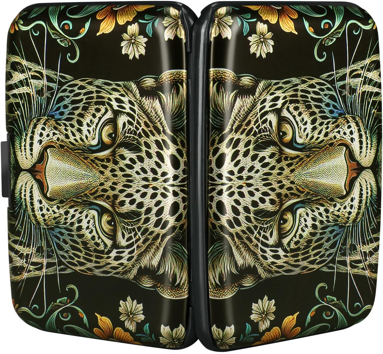 ELFISH Mini RFID Aluminum Wallet Credit Cards Holder Business Card Case Metal ID Case for Men Women(Black Leopard)