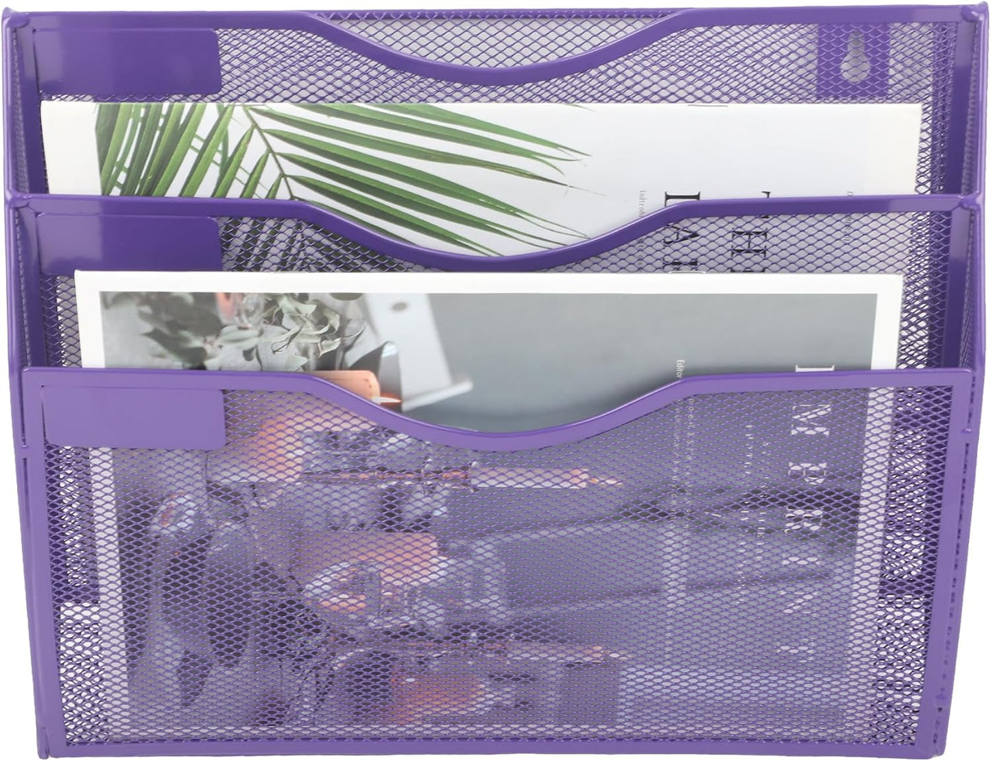 EASEPRES 3 Pocket Mesh Hanging Wall File Organizer, Wall Mounted Mail Paper Document Folder Holder, Clipboard Storage Organization Magazine Rack with Nametag Label for Office School Home, Purple