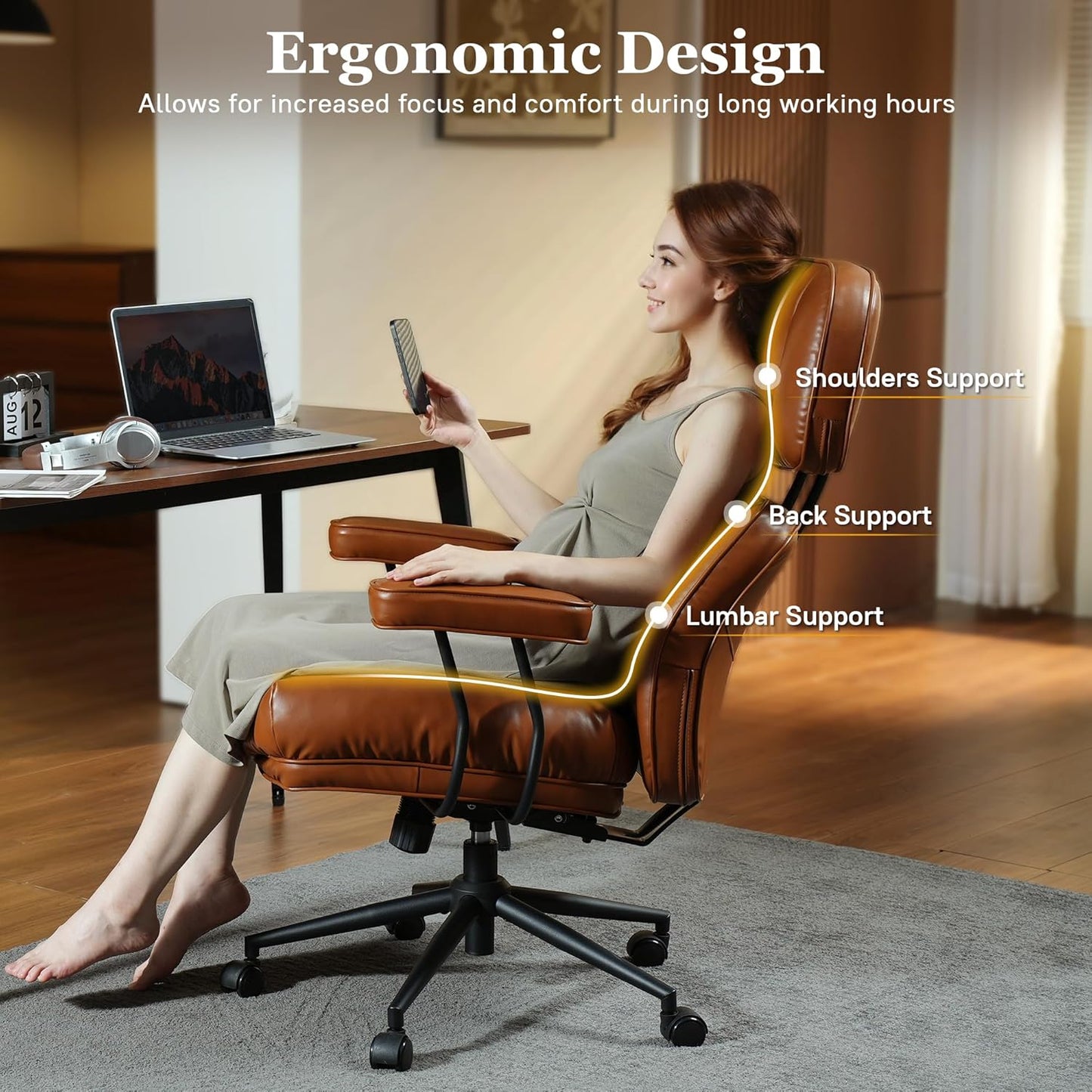 Mid Century Modren Big and Tall Office Chair,Large Ergonomic Executive Chair for Heavy Duty People, Computer Desk Task Chair with Wheels, Faux Lether Fabric Wide Chair for Home Sturdy,Brown(PU)